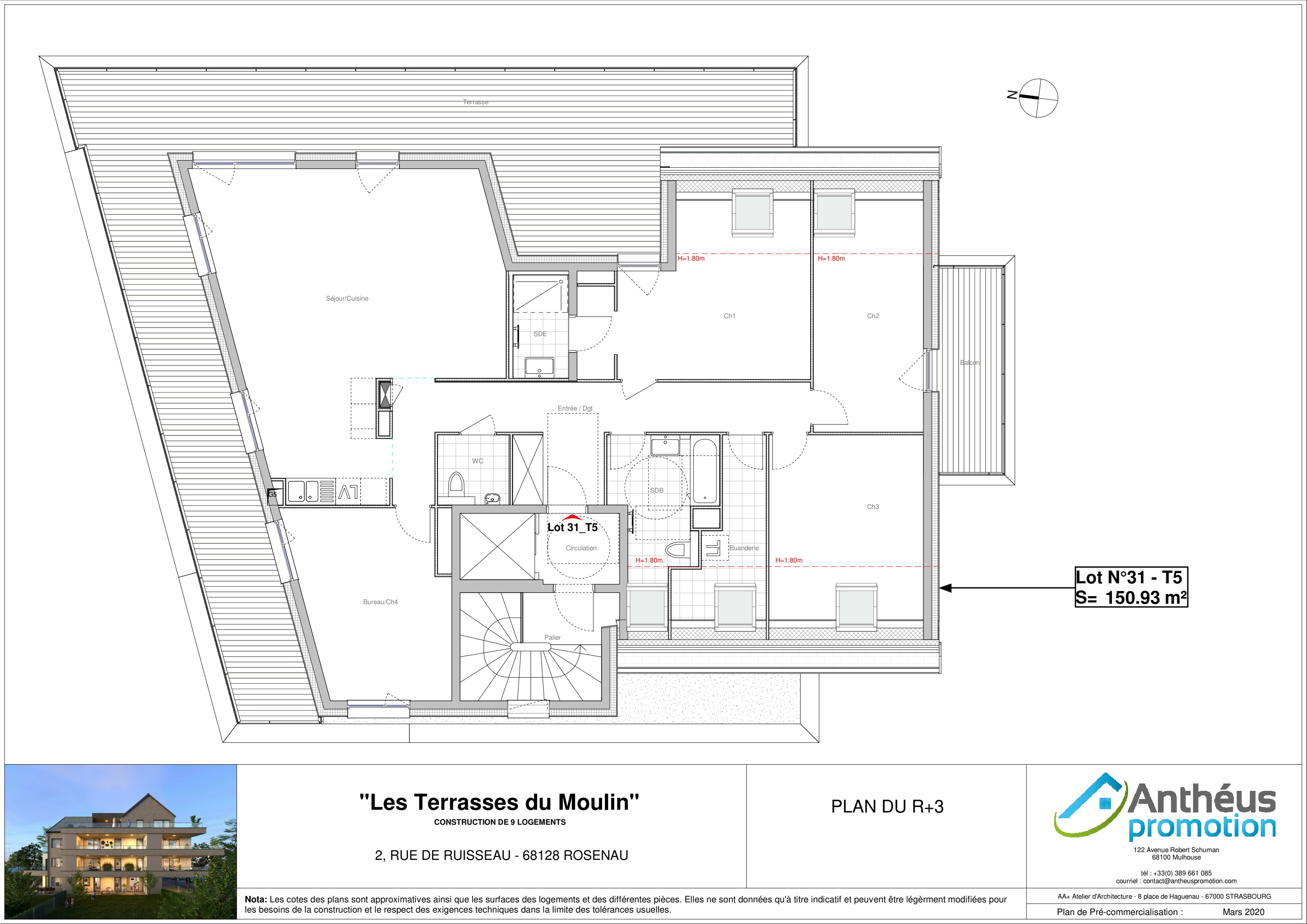 Plan de vente du dernier lot — Lot 31 T5 attique de 150,93 m² au R+3, résidence Les Terrasses du Moulin à Rosenau